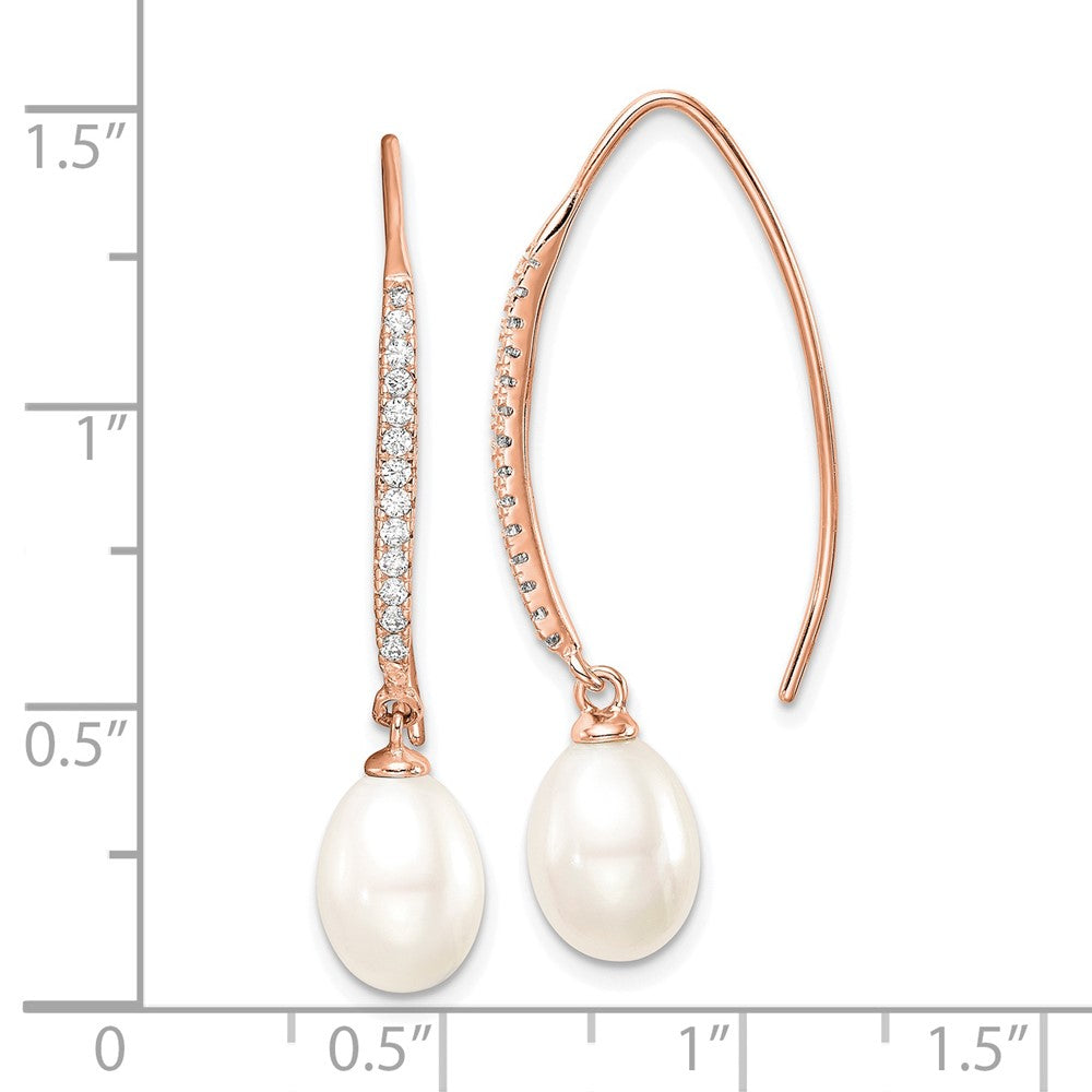 Sterling Silver Rose-tone 7-8mm White Teardrop Freshwater Cultured Pearl and CZ Threader Earrings