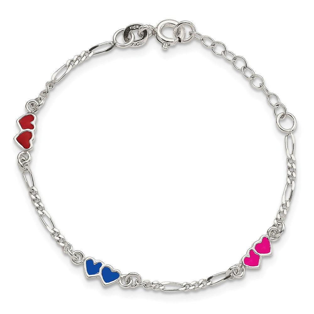 Sterling Silver Polished & Multi-color Enameled Double Heart with 1 Inch Extension Children's Bracelet