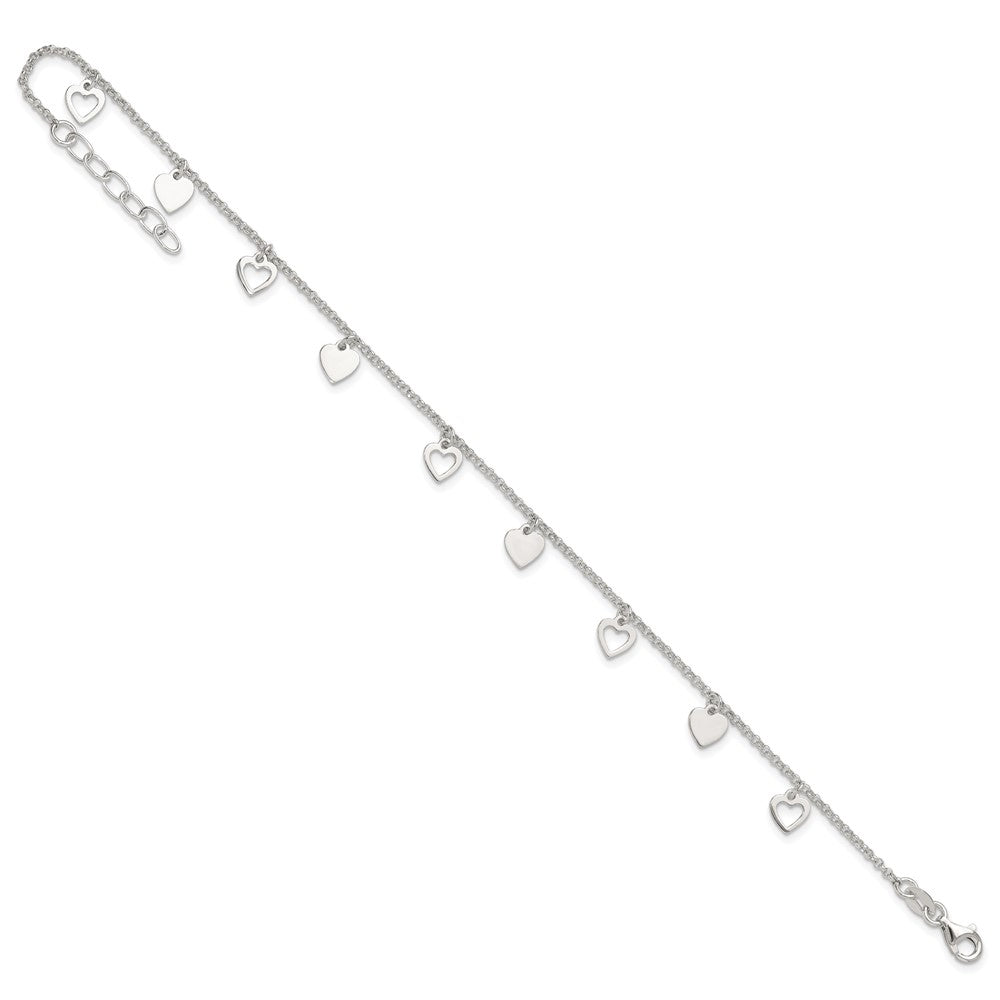 Sterling Silver Polished Hearts 9in Plus 1in Ext. Anklet