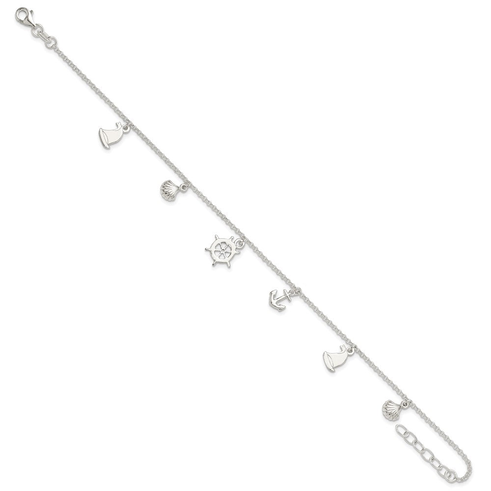 Sterling Silver Polished Ocean Theme 9in Plus 1in Ext. Anklet