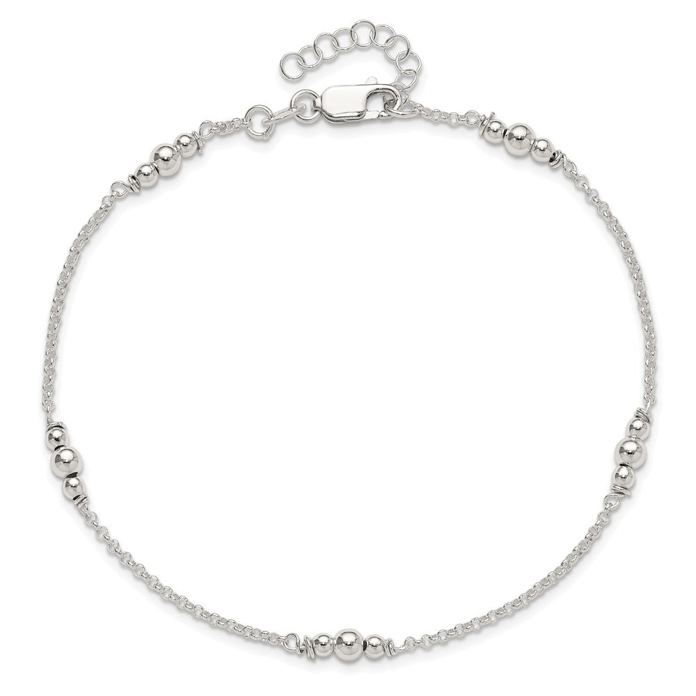 Sterling Silver Polished Bead 10in Plus 1in ext. Anklet