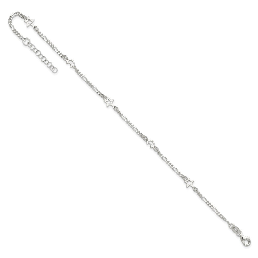 Sterling Silver Polished Moon and Star 9in Plus 1in Ext. Anklet