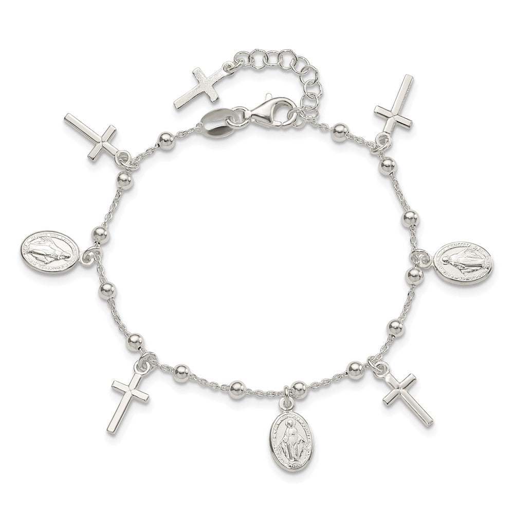 Sterling Silver Polished w/1in ext Cross Virgin Mary Medal Bracelet