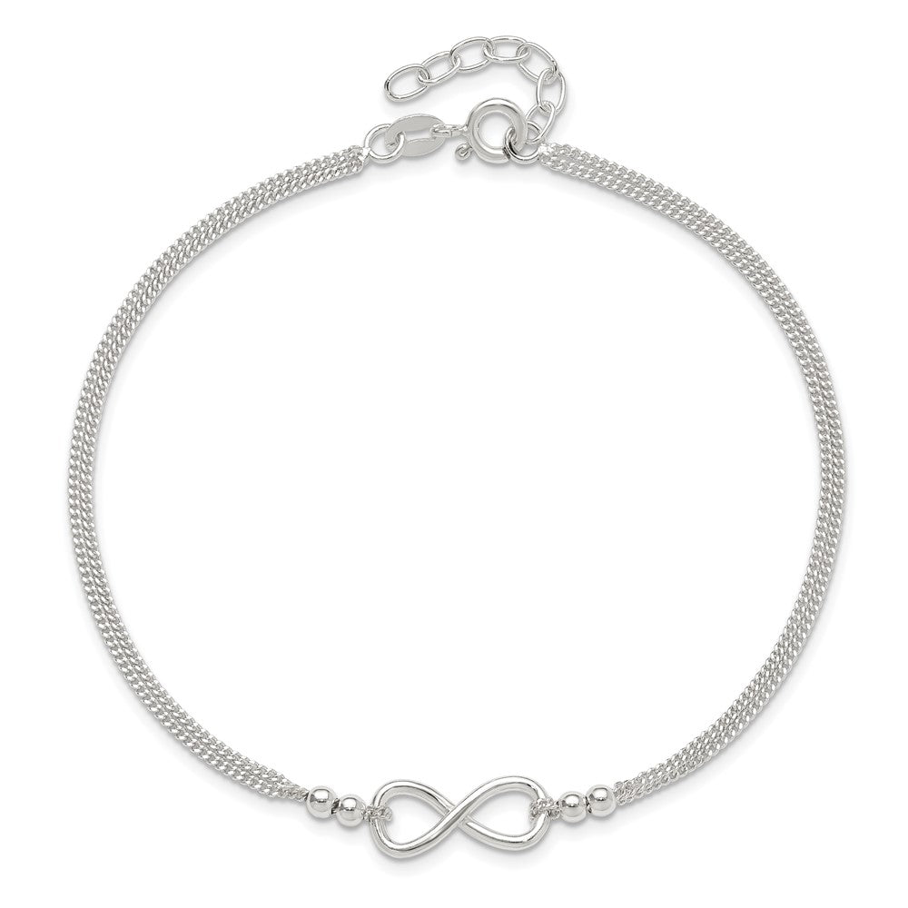 Sterling Silver 2-Strand Beaded Infinity Symbol 10in Plus 1in ext. Anklet