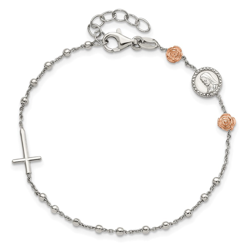Sterling Silver Beaded with Rose-tone Roses Religious 7 inch Bracelet with1 inch extension