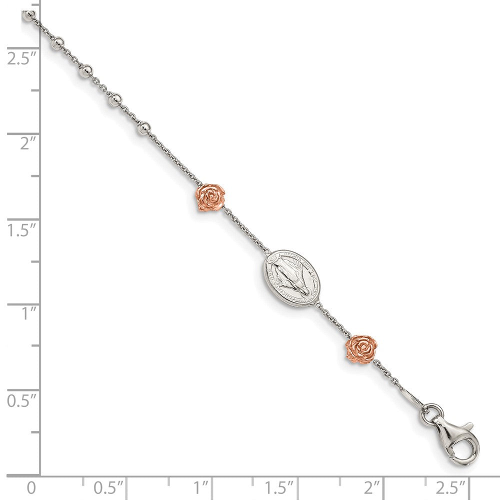 Sterling Silver Rhod-plted Rose-tone Roses w/Cross w/1in ext Bracelet