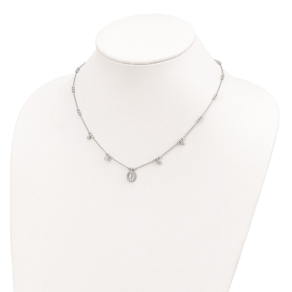 Sterling Silver RH-plated CZ Virgin Mary Medal w/1.5in ext. Necklace
