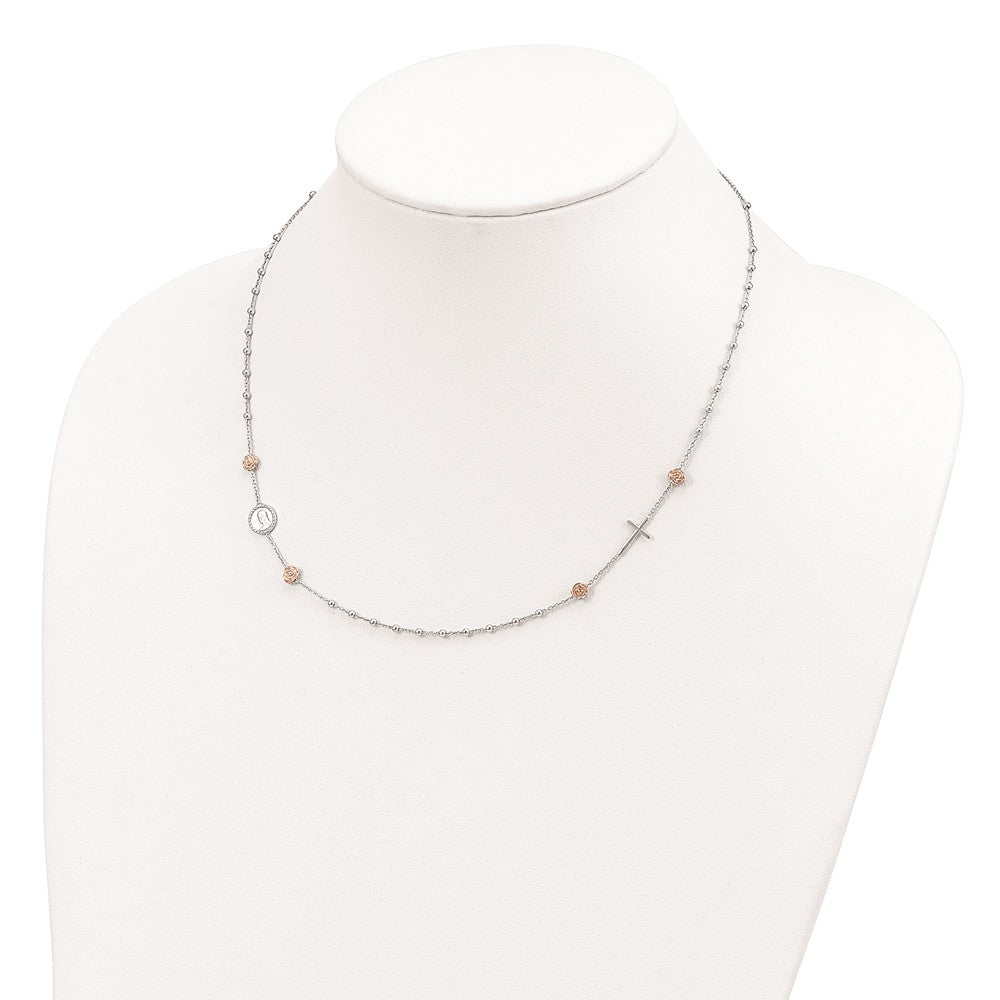 Sterling Silver Beaded with Rose-tone Roses Religious 18 inch Necklace with 1 inch extension