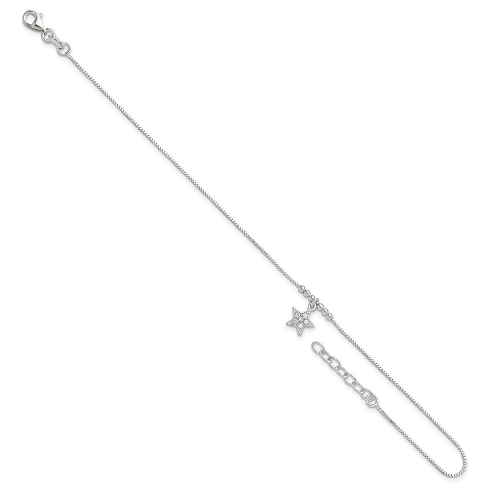 Sterling Silver CZ Star and Beads 9in Plus 1in Ext. Anklet