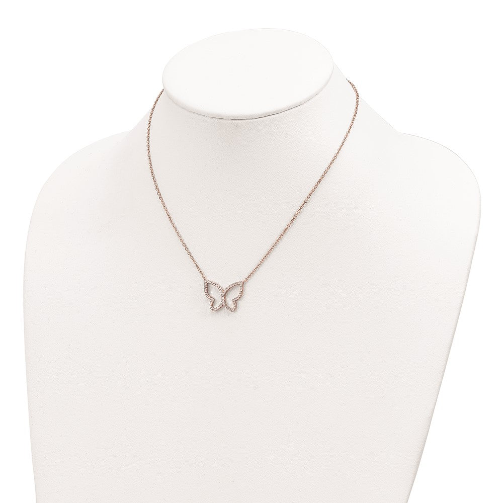 Sterling Silver Rose-tone Polished Open Butterfly CZ w/2 in ext. Necklace