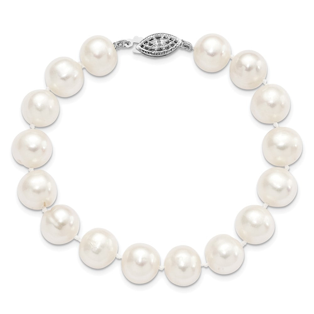 Sterling Silver Rhodium-plated 10-11mm White Near-Round Freshwater Cultured Pearl 8.25 inch Bracelet