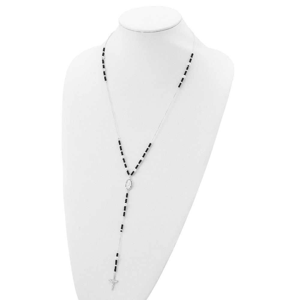 Sterling Silver Enameled & Black Glass Bead Rosary 24 inch Necklace