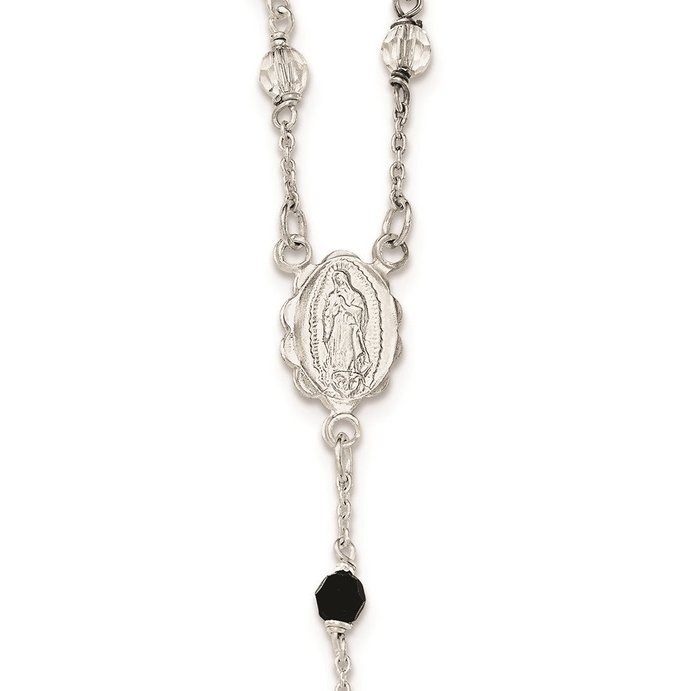 Sterling Silver Polished and Black Crystal Bead Rosary 23.5 inch Necklace
