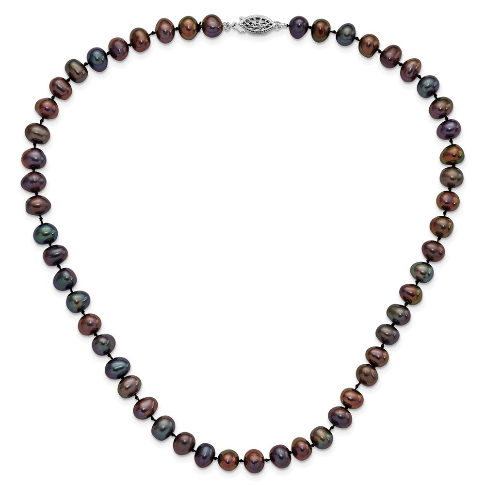 Sterling Silver Rhodium-plated 7-8mm Black Near-Round Freshwater Cultured Pearl 18 inch Necklace