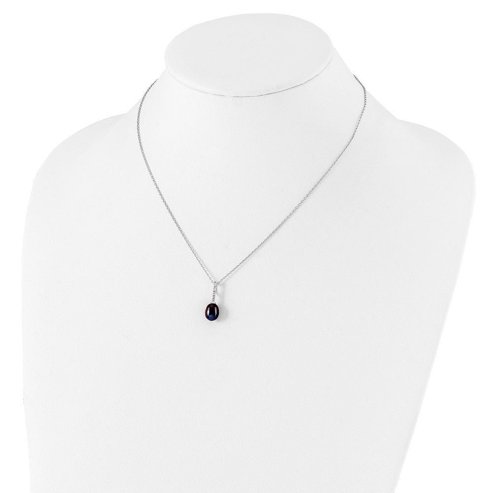 Sterling Silver Rhodium-plated 7-8mm Black Teardrop Freshwater Cultured Pearl and CZ 17 inch Necklace