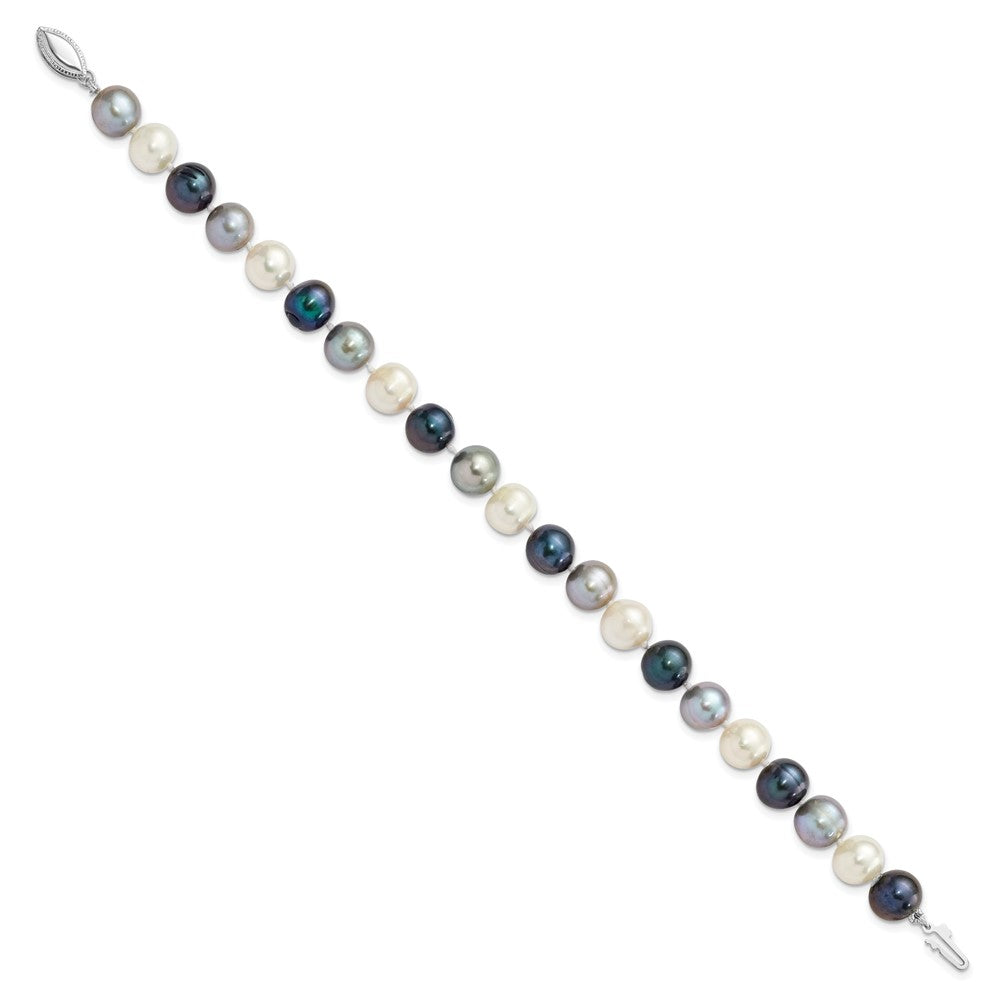 Sterling Silver Rhodium-plated 8-9mm Black, Green and White Semi-Round Freshwater Cultured Pearl 7.5 inch Bracelet