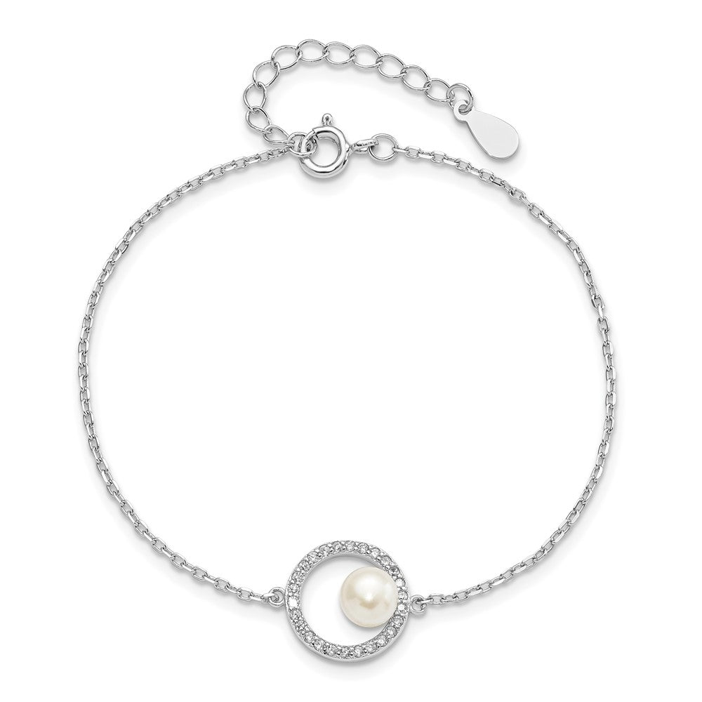 Sterling Silver Rhodium-plated 6-7mm White Button Freshwater Cultured Pearl and CZ 6.5 inch with 1.25 inch Extension Bracelet