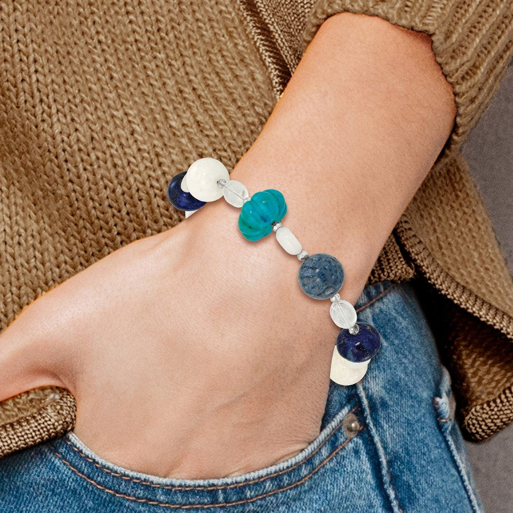 Sterling Silver Coral,Howlite,Jade,Lapis,Quartz, Crystal 1in ext Bracele