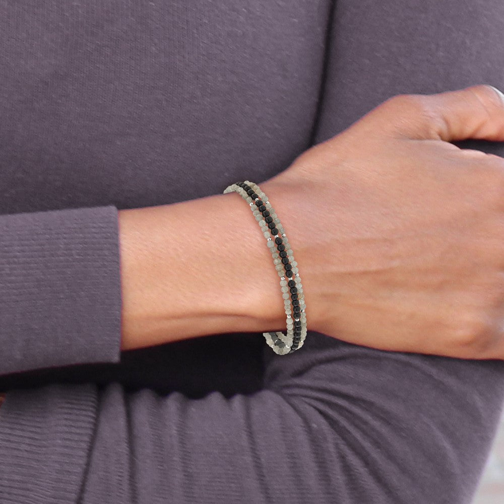 Sterling Silver Agate,Labradorite,Quartz 3-Strand 1in ext Bracelet