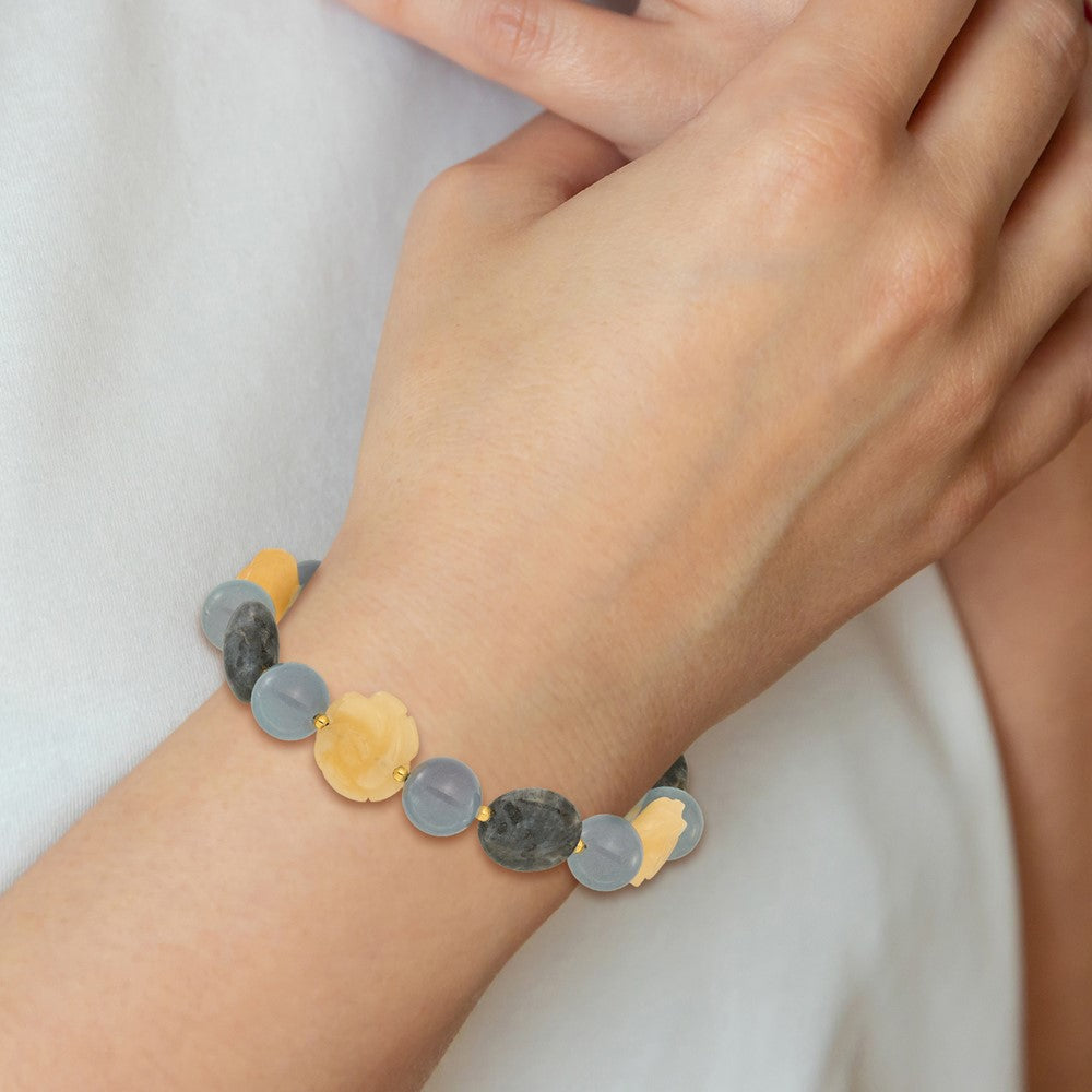 Sterling Silver Gold-plated Agate/Labradorite/Jade 1in ext. Bracelet