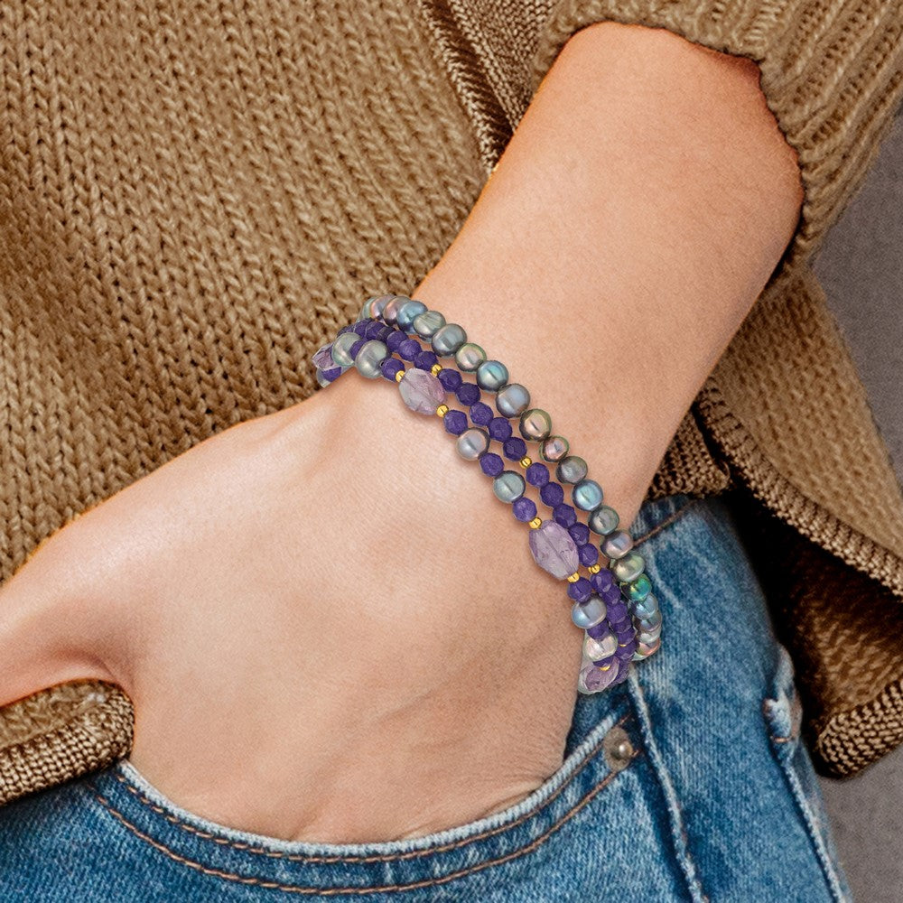 Sterling Silver Gold-plated FWC Pearl/Purple Quartz 1in ext. Bracelet