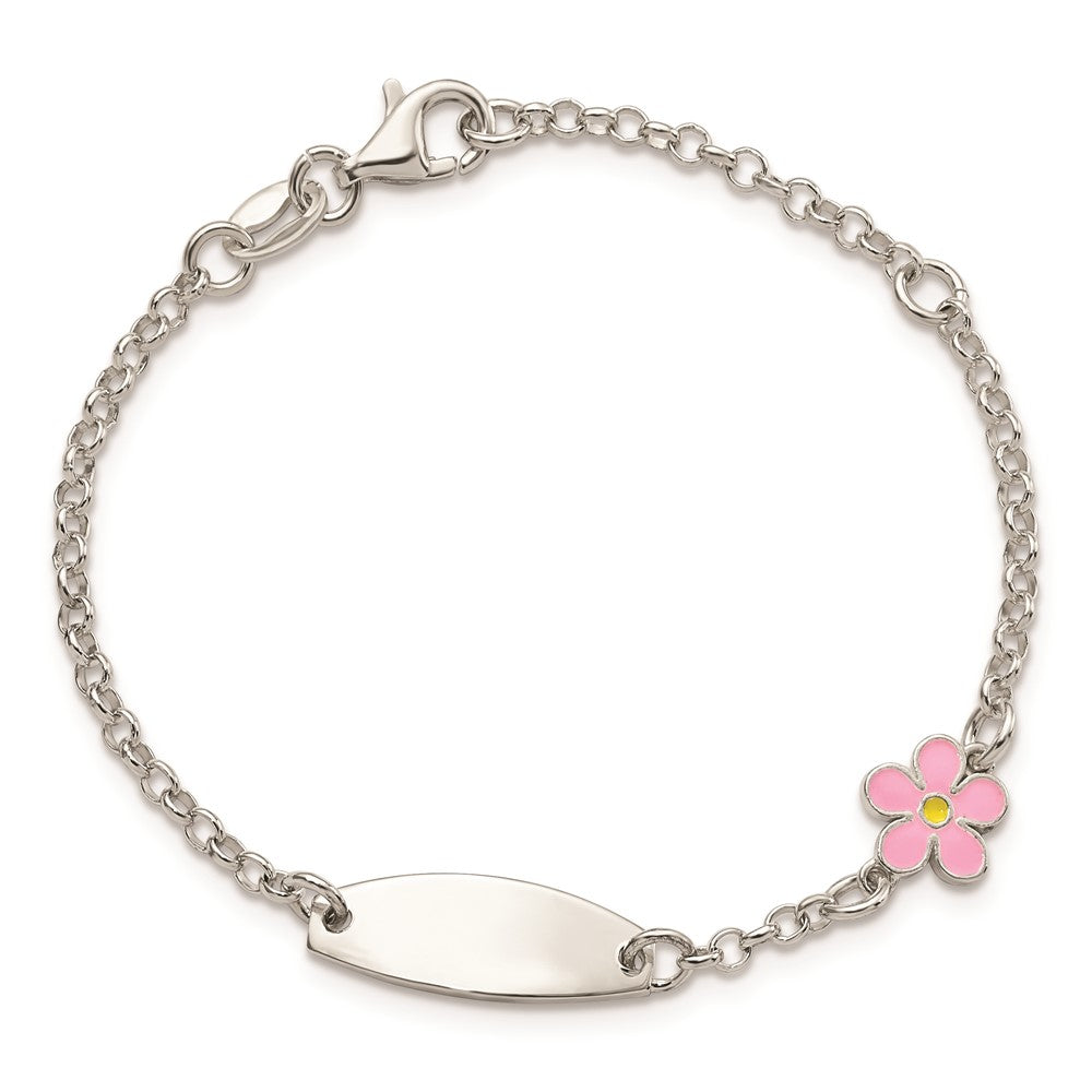 Sterling Silver Enameled Flower 5.5in Plus 1IN EXT ID Bracelet