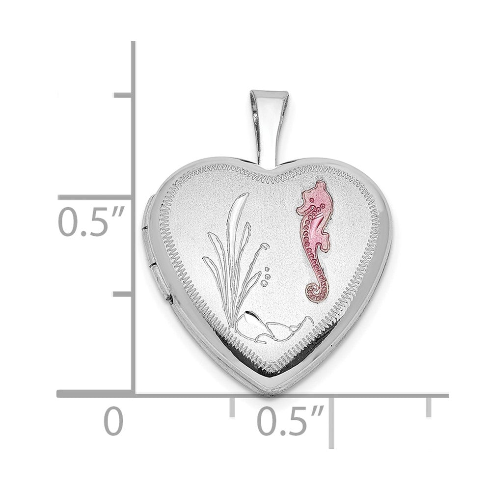 Sterling Silver Rhodium-plated Epoxy Satin Polished Sea Horse 16mm Heart Locket