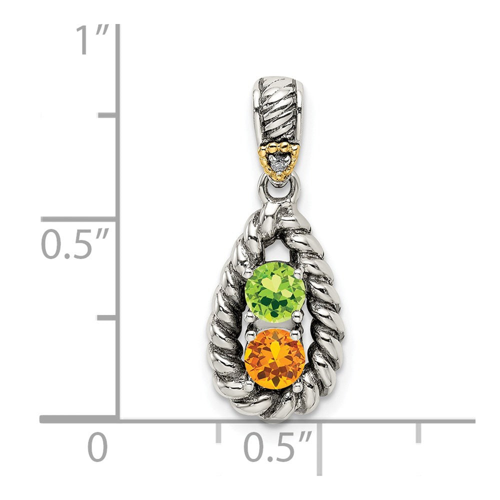 Sterling Silver Antiqued w/14k 2-stone w/Diamond Mother's Pendant