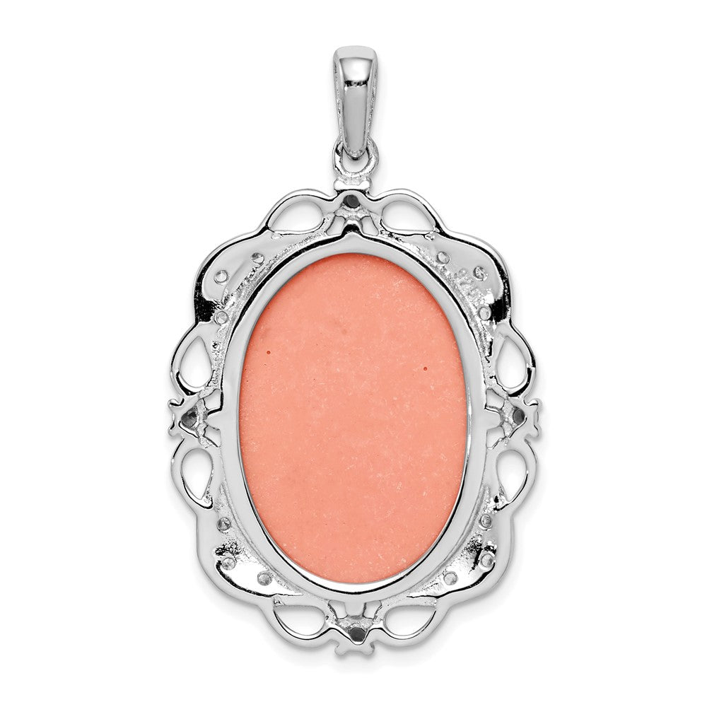Sterling Silver Rhodium-plated Filigree Frame with Green Glass and Clear CZ Accents Plastic Pink Cameo Pendant
