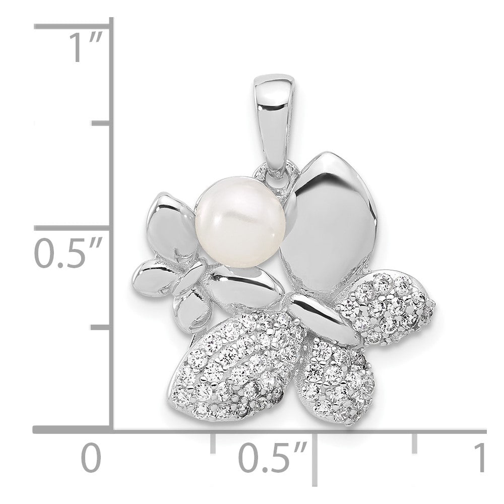 Sterling Silver Rhodium-plated FWC Pearl and CZ Butterfly Pendants