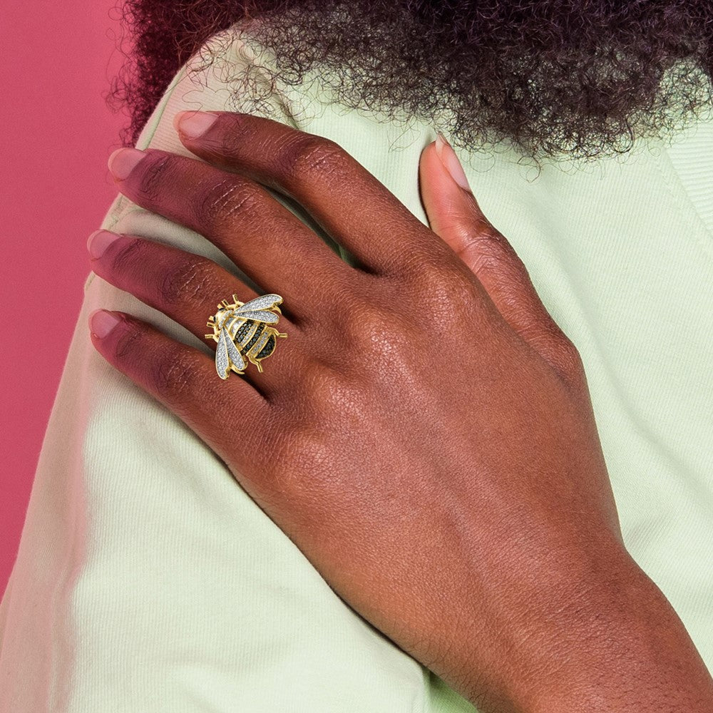 Sterling Silver Blk/White RH-plated Gold Tone CZ Bumblebee Ring