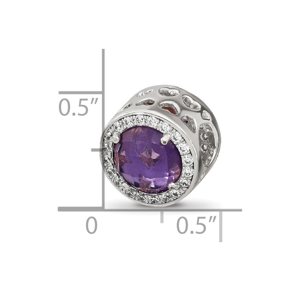 Sterling Silver Reflections Rhodium-plated Purple Glass & CZ Heart Bead
