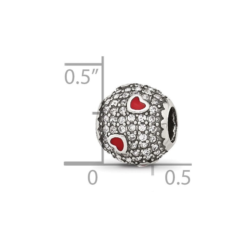 Sterling Silver Reflections CZ and Red Enamel Heart Round Bead