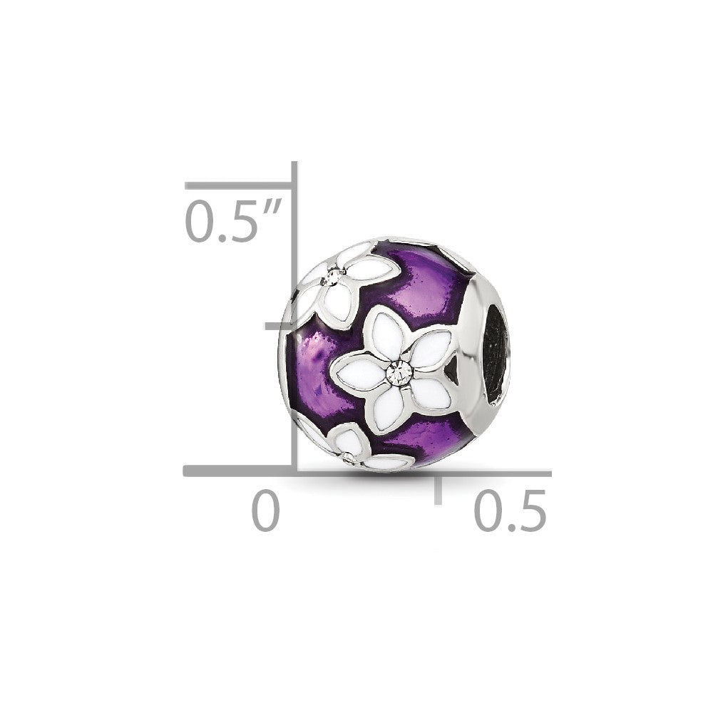 Sterling Silver Reflections Purple and White Enamel and CZ Floral Bead