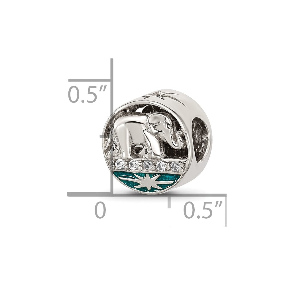 Sterling Silver Polished CZ Blue Enamel Elephant With Stars Bead