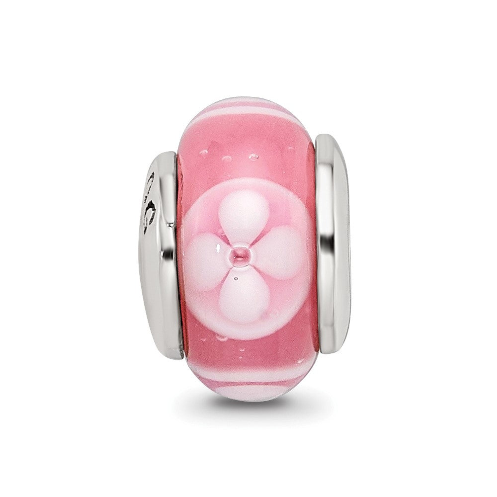 Collection Sterling Silver Hand-blown Pink with Floral Pattern Glass Reflections Bead