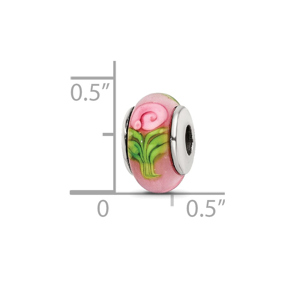 Collection Sterling Silver Hand-blown Pink with Flower Pattern Glass Reflections Bead