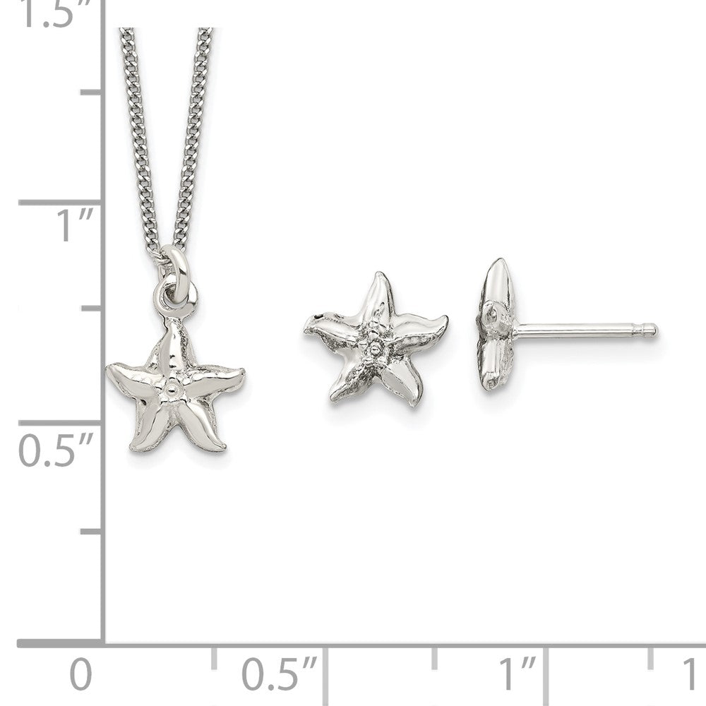 Sterling Silver Polished & Textured Starfish Children's 14in Necklace and Post Earrings Set