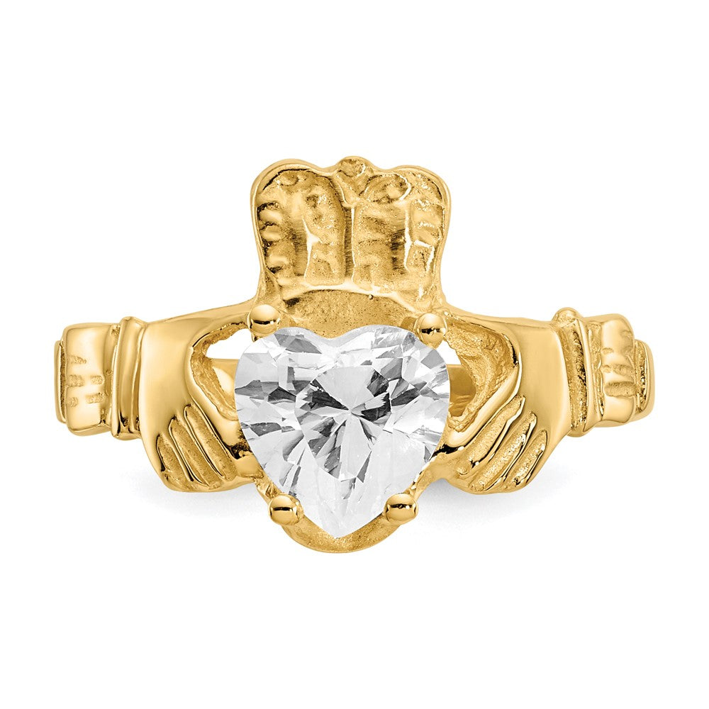 14k Yellow Gold April CZ Birthstone Claddagh Ring