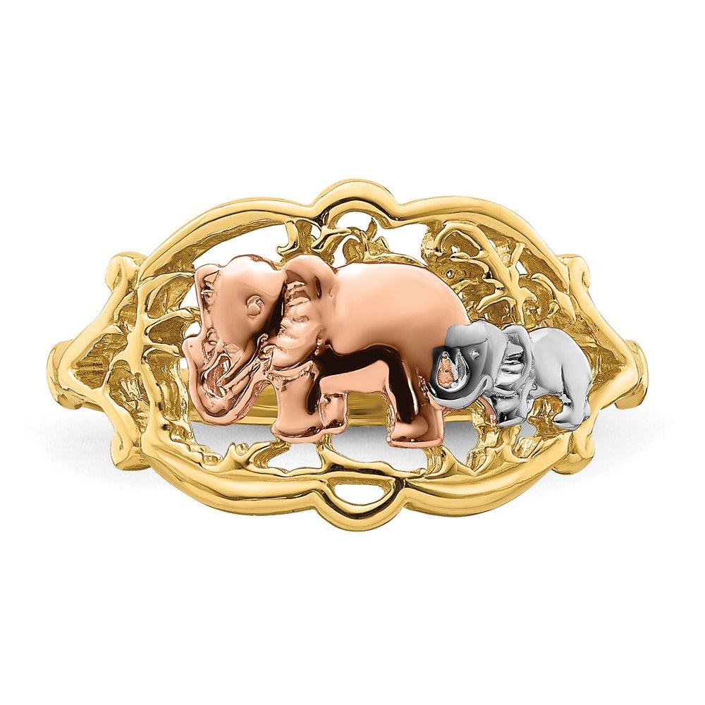 14k Yellow Gold Two-Tone w/ White RH Two Elephants Ring