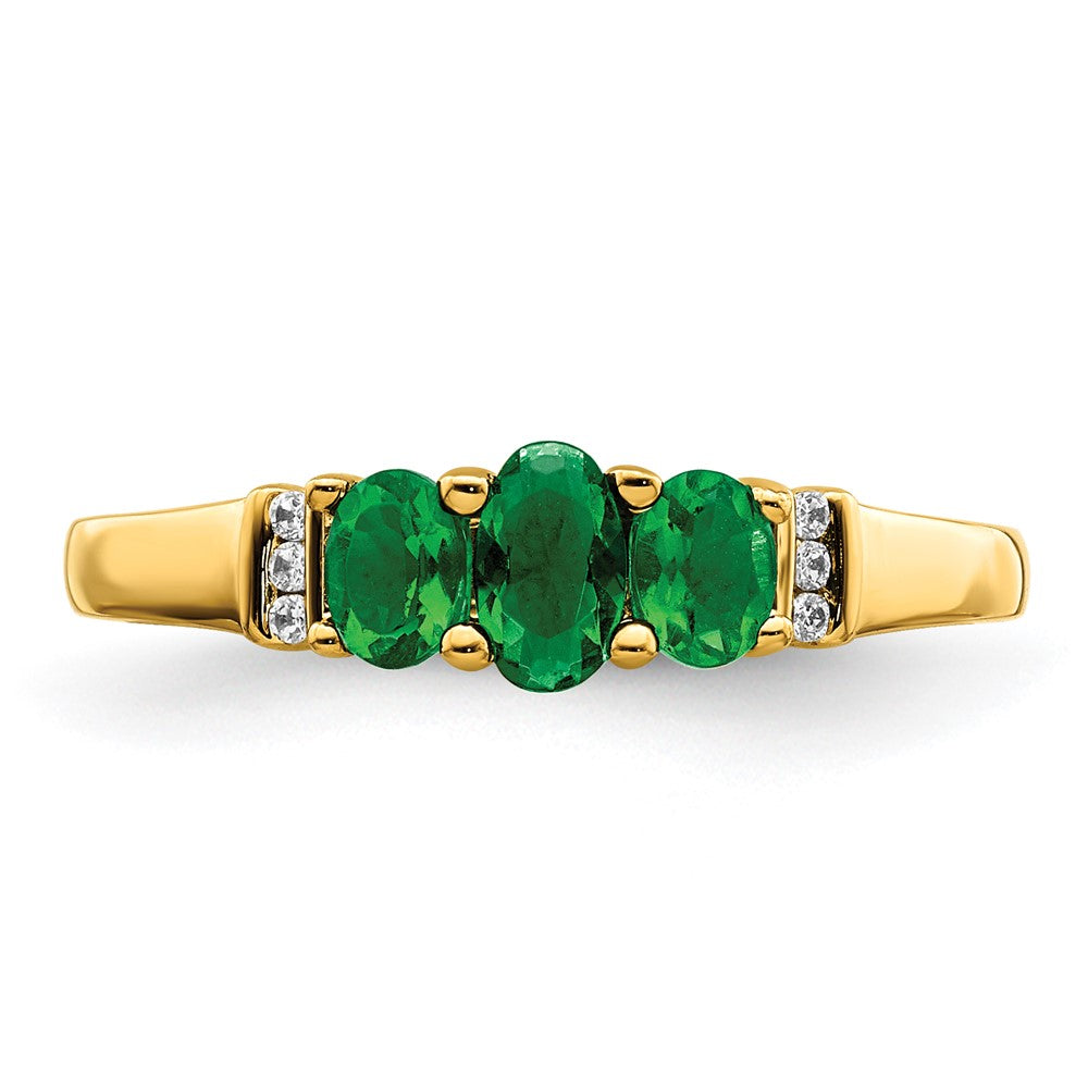 14k Yellow Gold Polished Triple Emerald and Diamond 3-stone Ring
