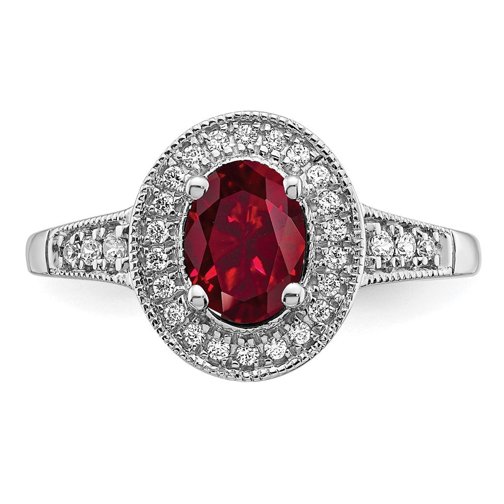 14k White Gold Oval Created Ruby and Diamond Halo Ring