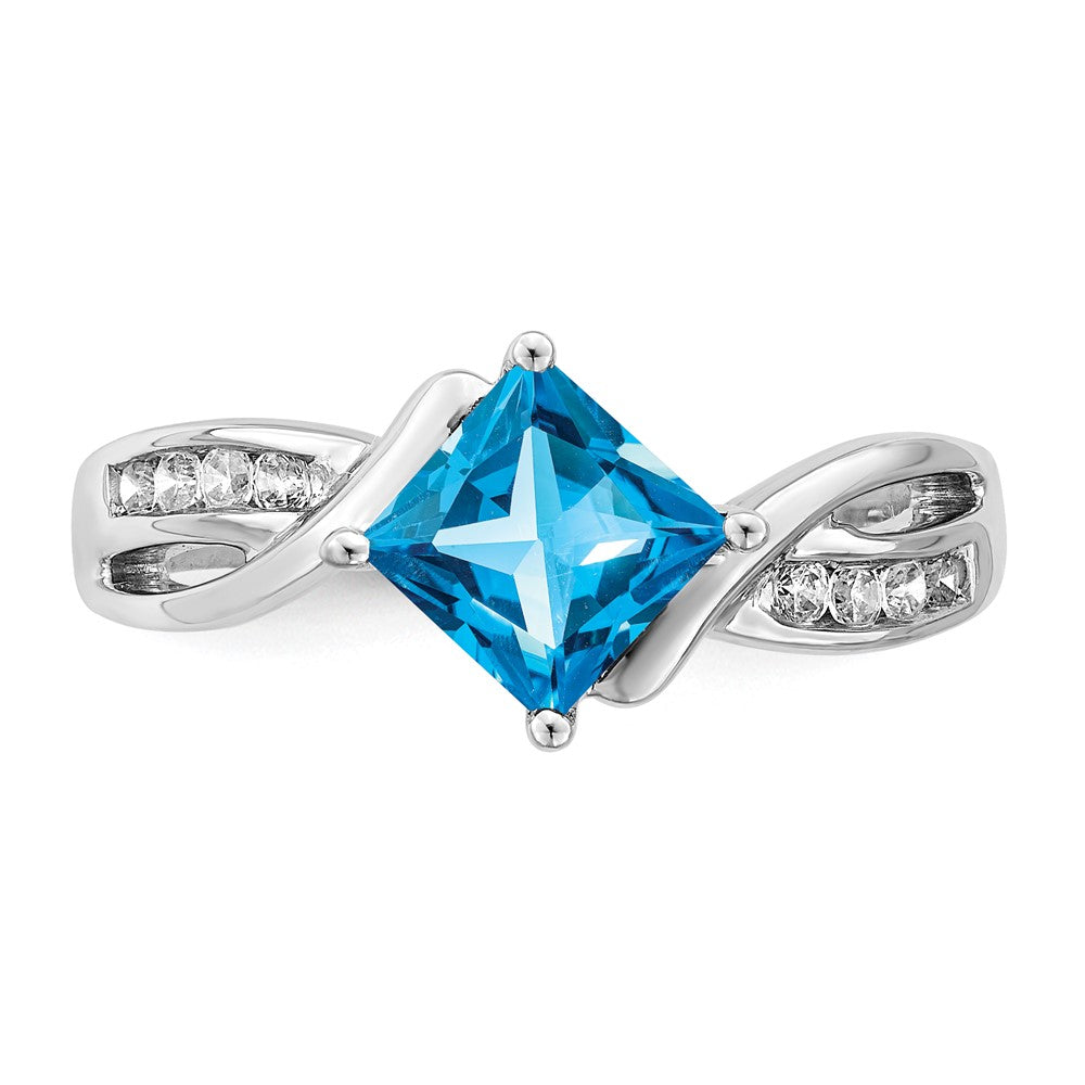 14k White Gold Square Blue Topaz and Diamond Ring