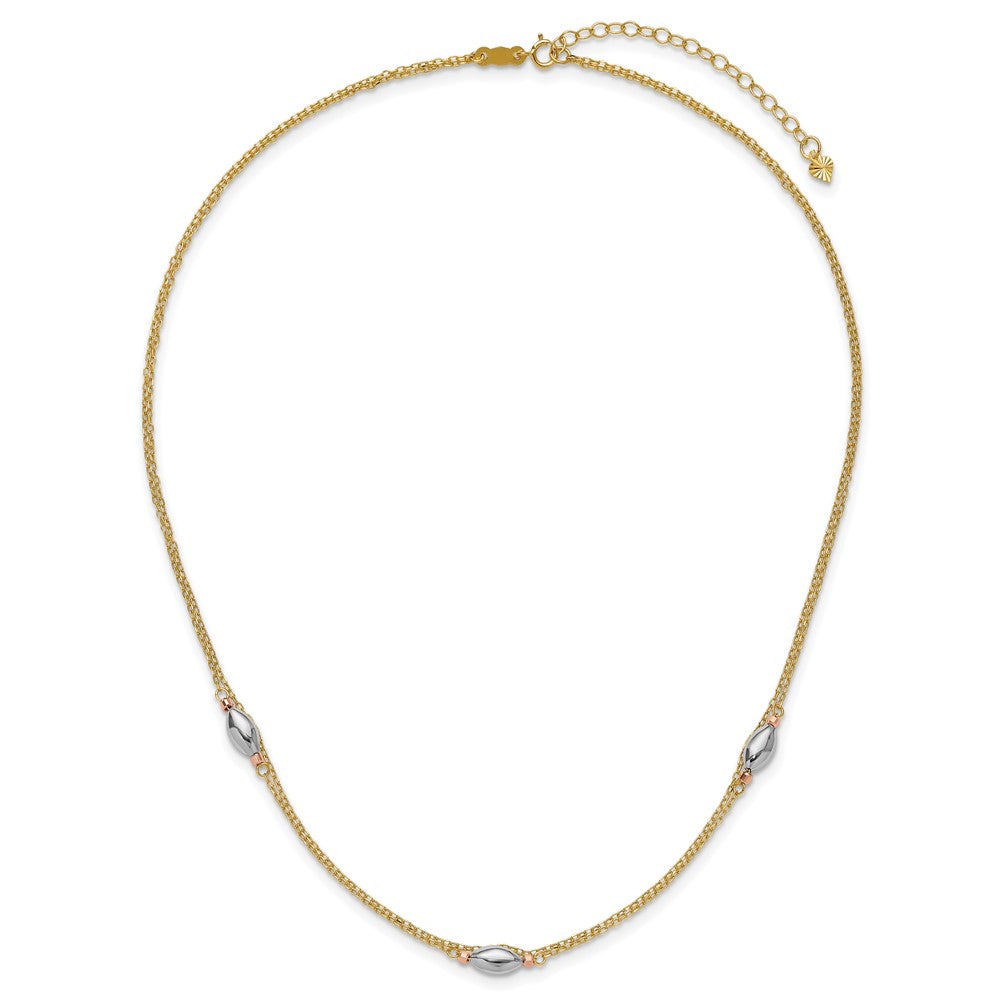 14K Yellow Gold Tri Color 2 Strand w/Puff Beads w/2 IN Ext Necklace