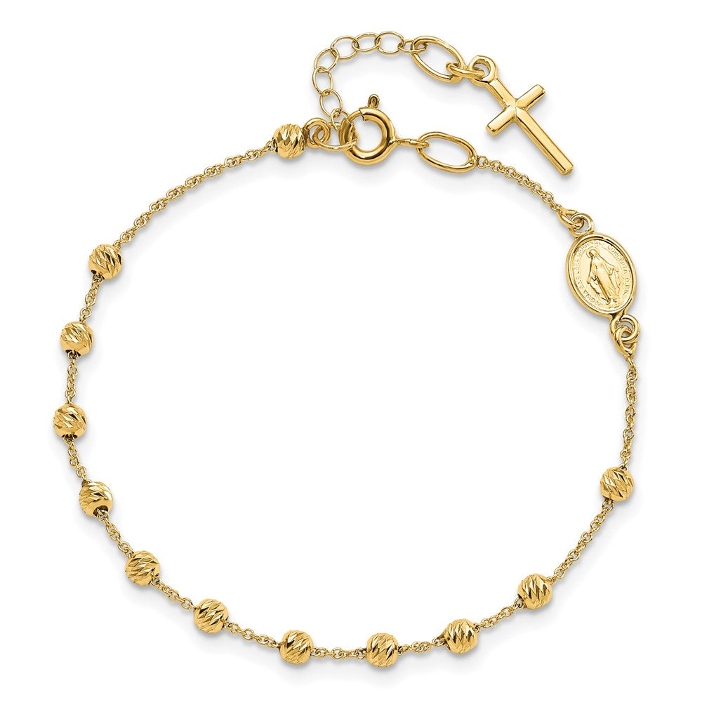 14k Polished D/C Cross and Virgin Mary Medal .75in ext. Bracelet