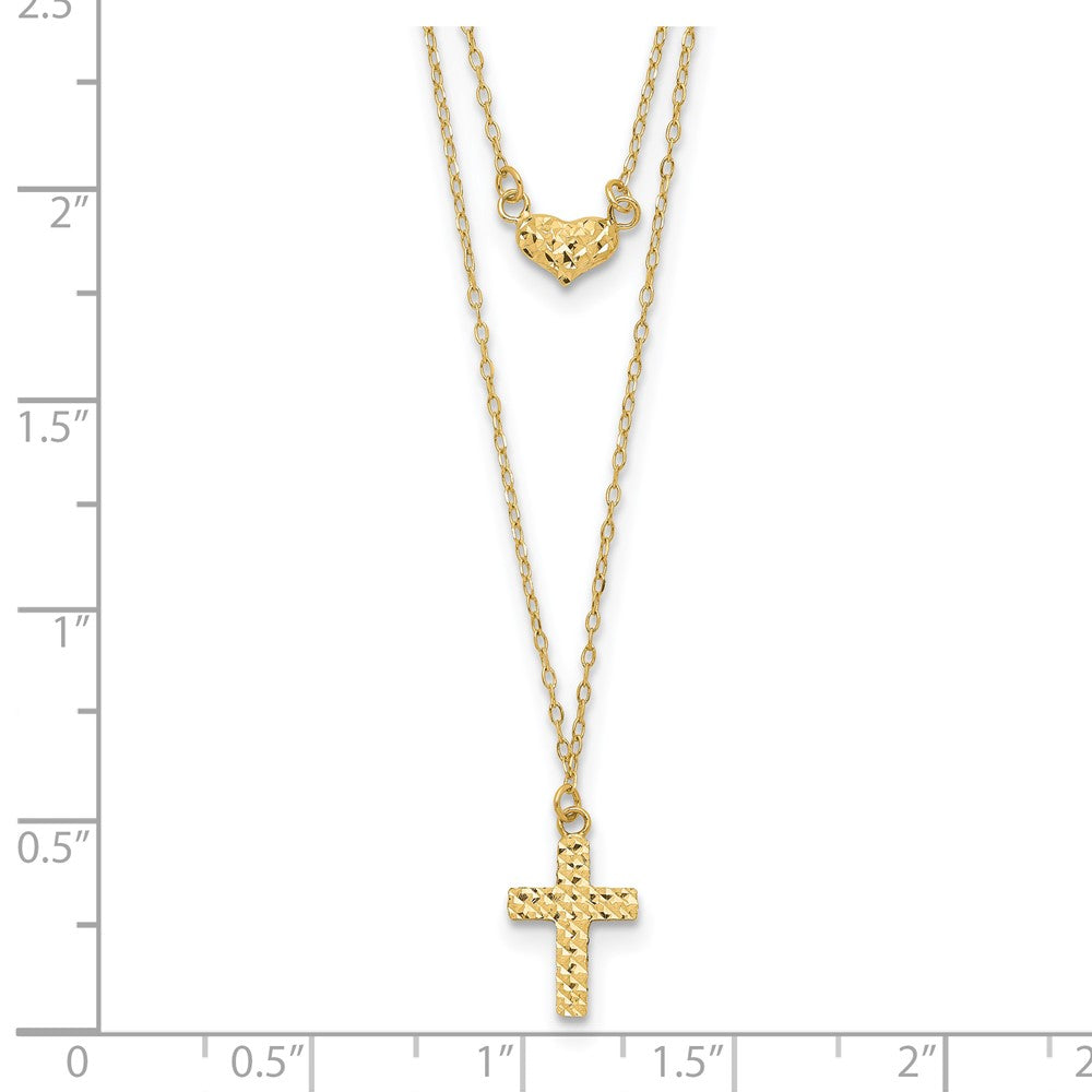 14k Yellow Gold Polished 2-Strand D/C Cross & Heart w/2in. Ext. Necklace