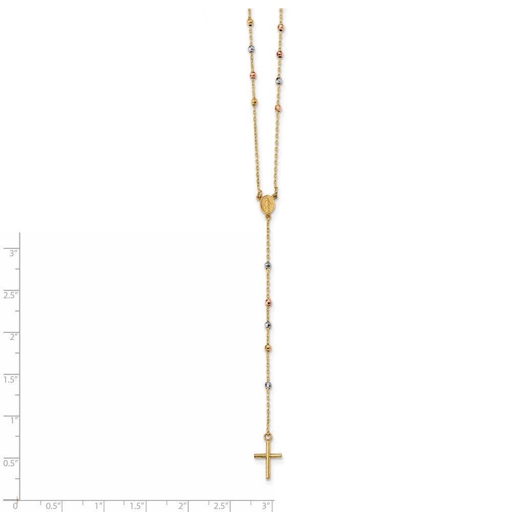 14k Tri-color Polished Bead Rosary Hollow Virgin Mary Medal 24 inch Necklace