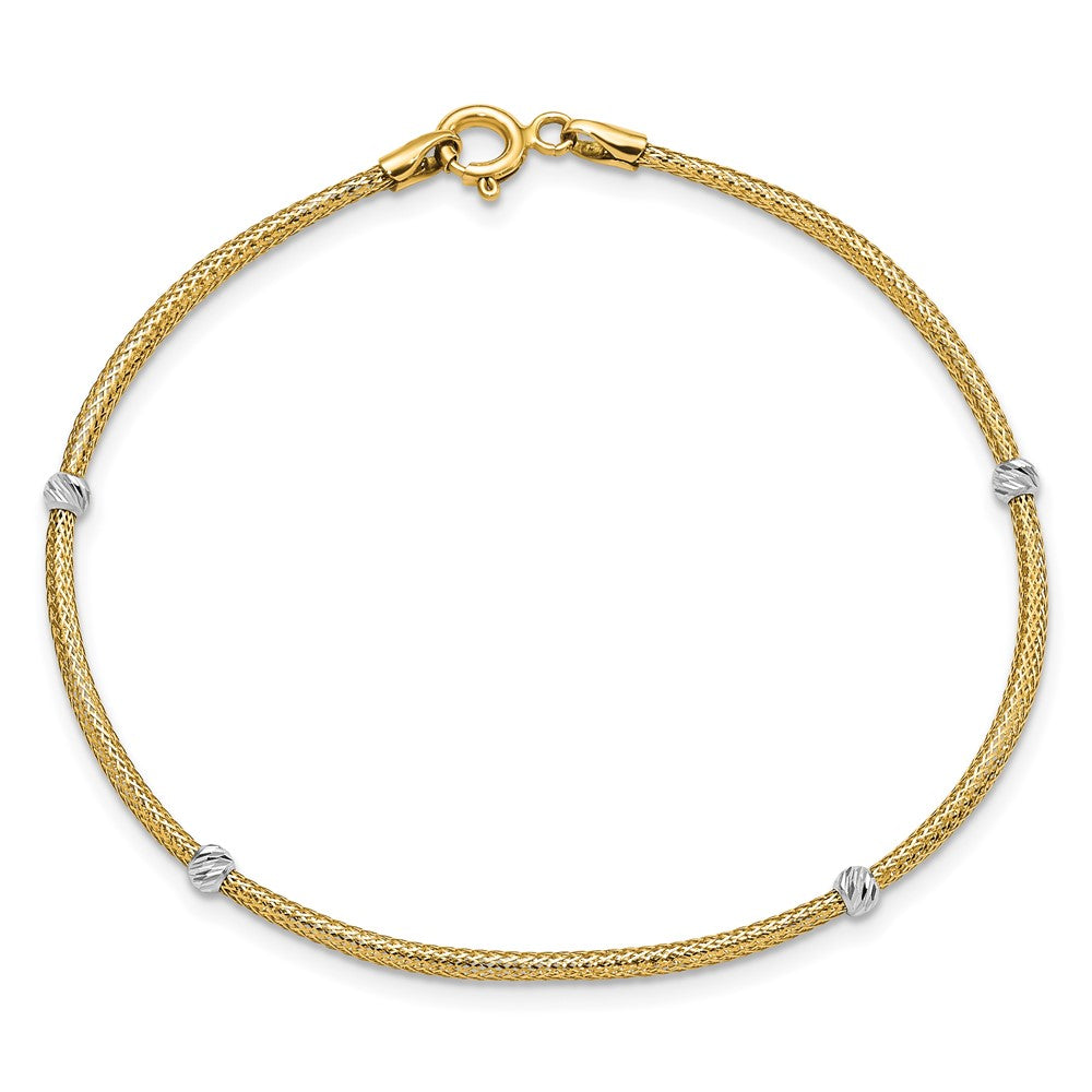 14K Yellow Gold with Rhodium Woven Flexible D/C Beads Bracelet