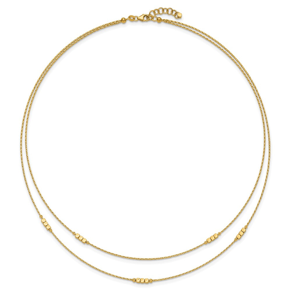 14K Yellow Gold Polished D/C Beaded Double Strand w/1 inch ext. Necklace