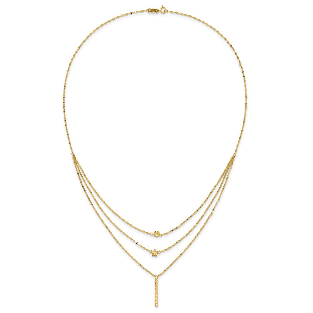 14K Three Layer D/C Bead/Star/Bar Necklace